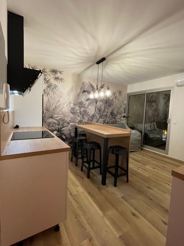 Cuisine blanche et plan de travail en stratifié bois pour un appartement de vacances à Argeles-sur-mer